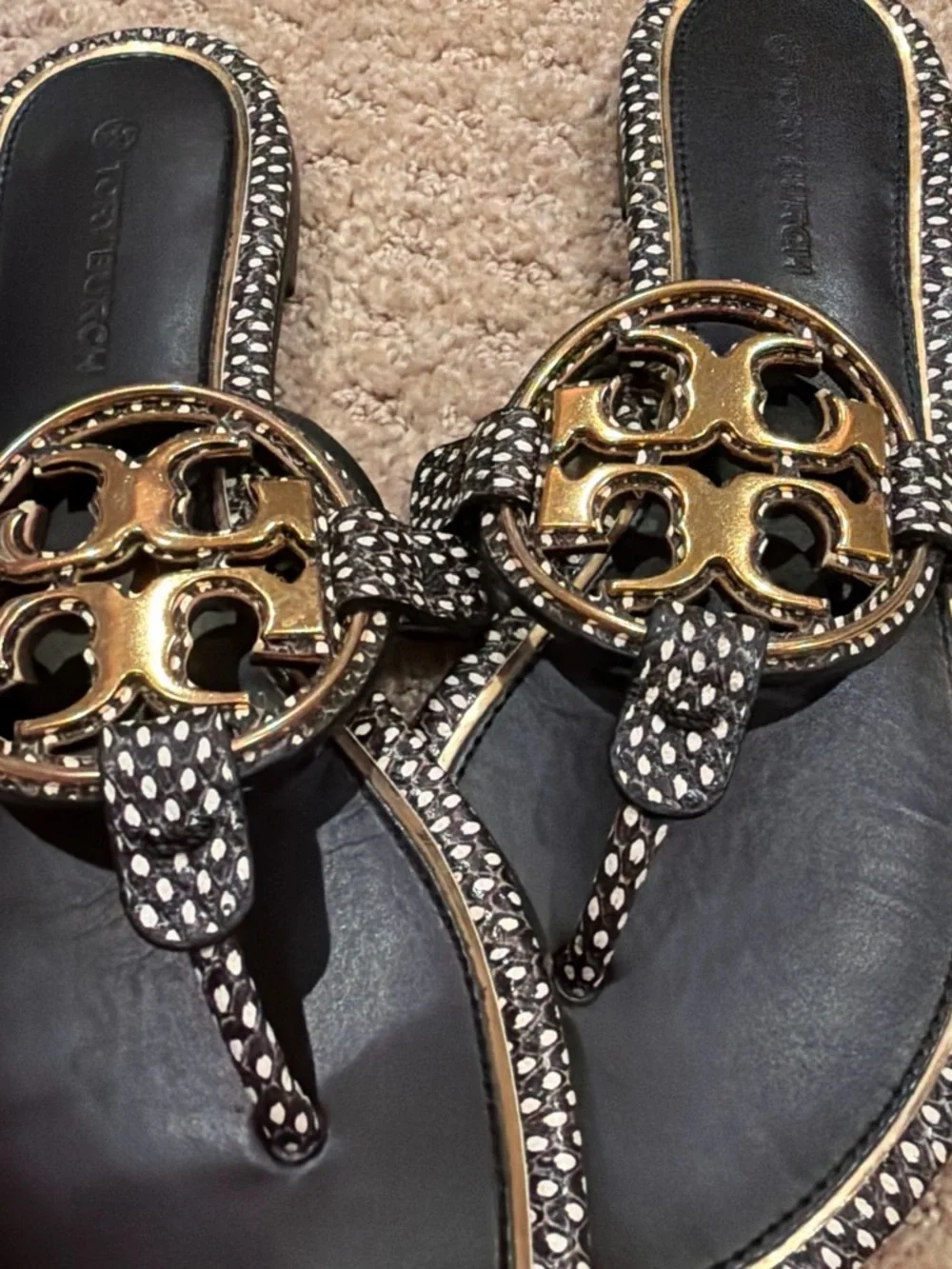 Tory Burch Black Sandals with Gold Logo Medallion